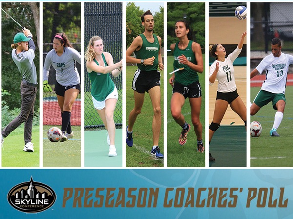 Skyline Conference Preseason Coaches Poll with images of Farmingdale State fall student-athletes.