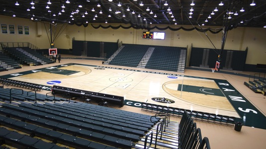 The basketball court and fan seating inside the newly renovated Nold Hall Athletic Complex.